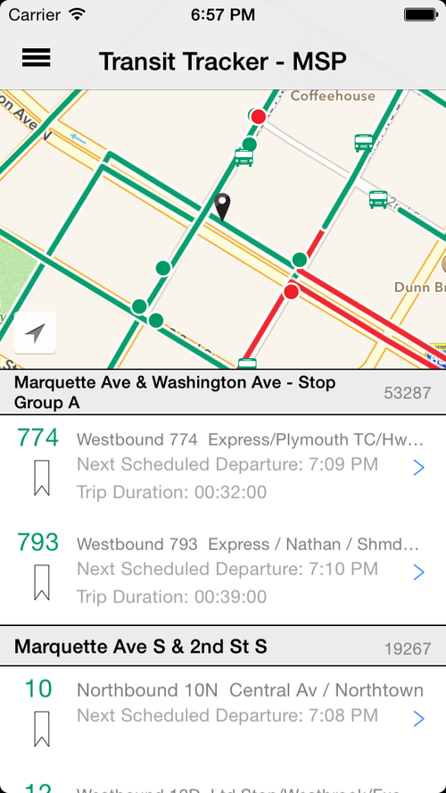 Transit Tracker route screen