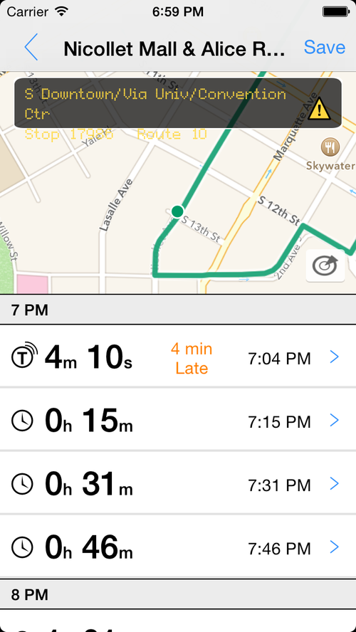 Transit Tracker stop screen