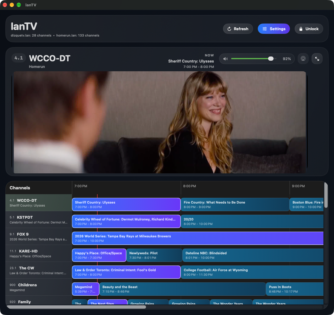 lanTV main window showing live TV playback and full Electronic Programme Guide grid