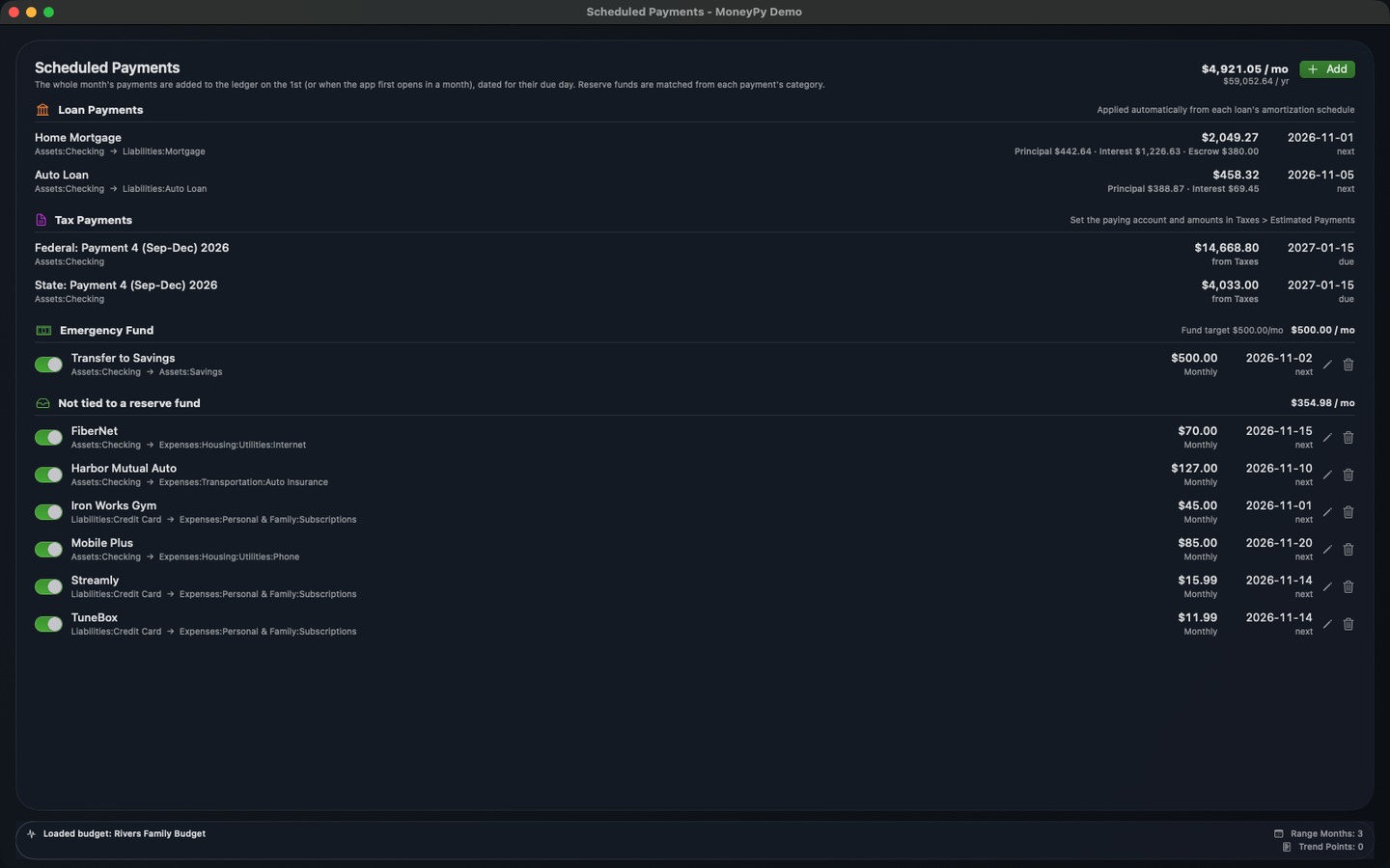 MoneyPy scheduled payments for recurring bills