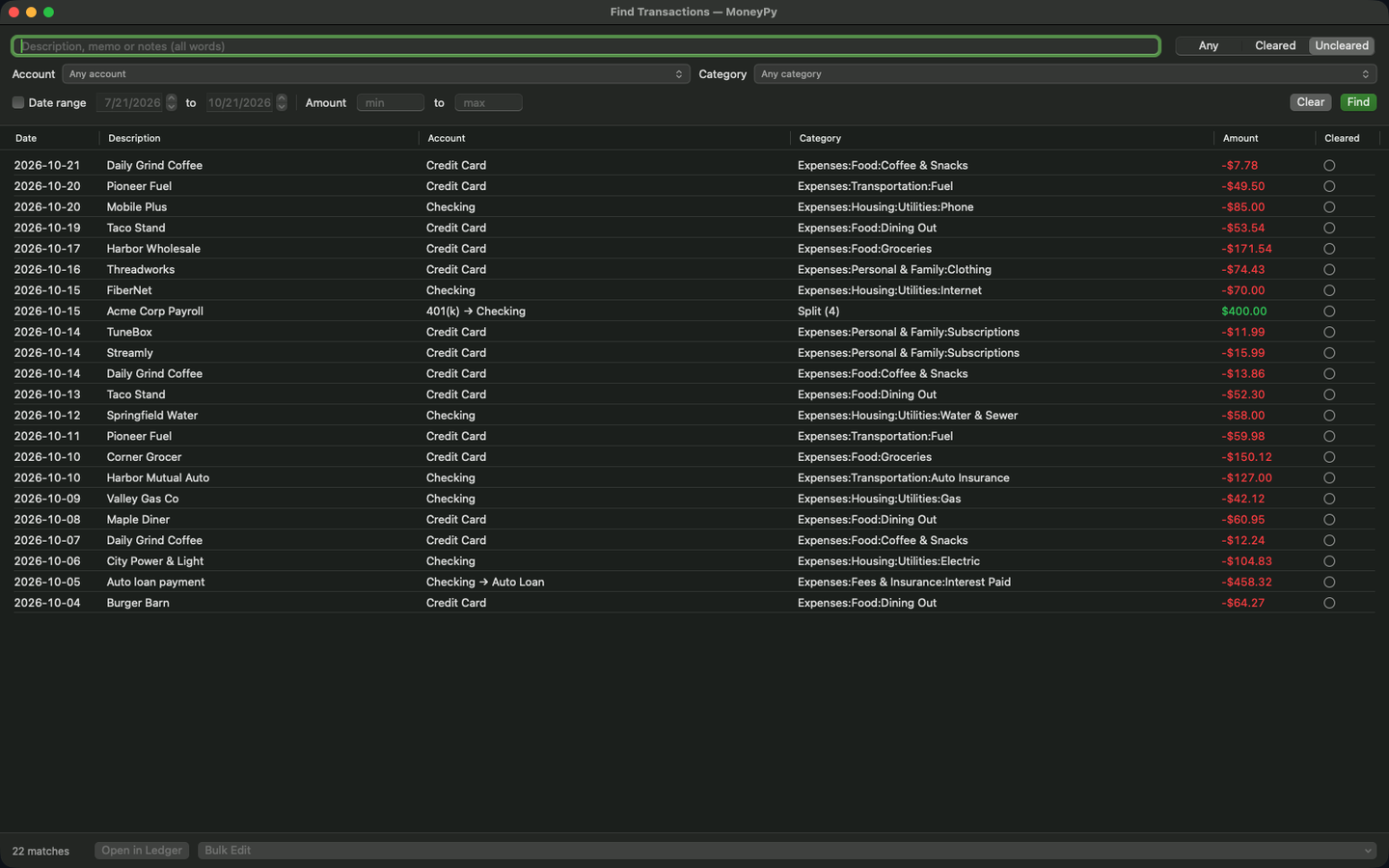 MoneyPy find transactions with search results