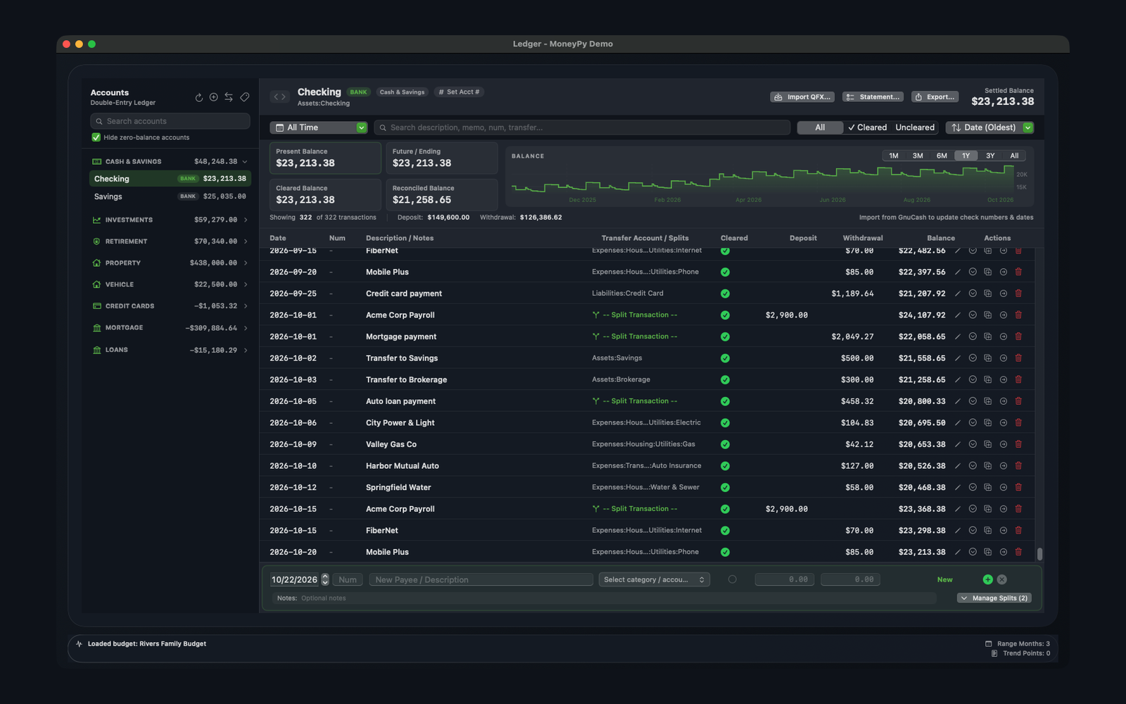 MoneyPy account register with the account list showing balances