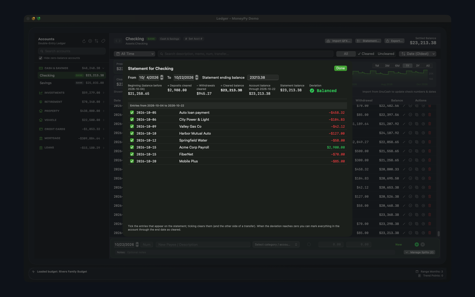 MoneyPy statement reconciliation comparing the ending balance with a bank statement