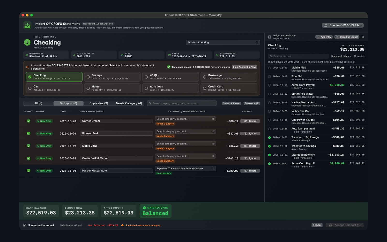 MoneyPy statement import review with duplicates flagged