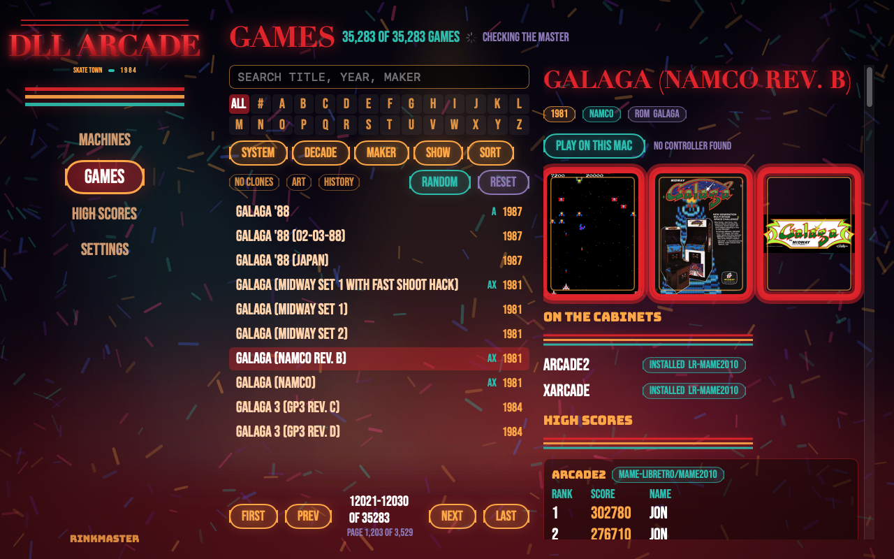 RinkMaster Master Game Catalog browser with Galaga gameplay snapshot, arcade flyer, backlit marquee, and high scores
