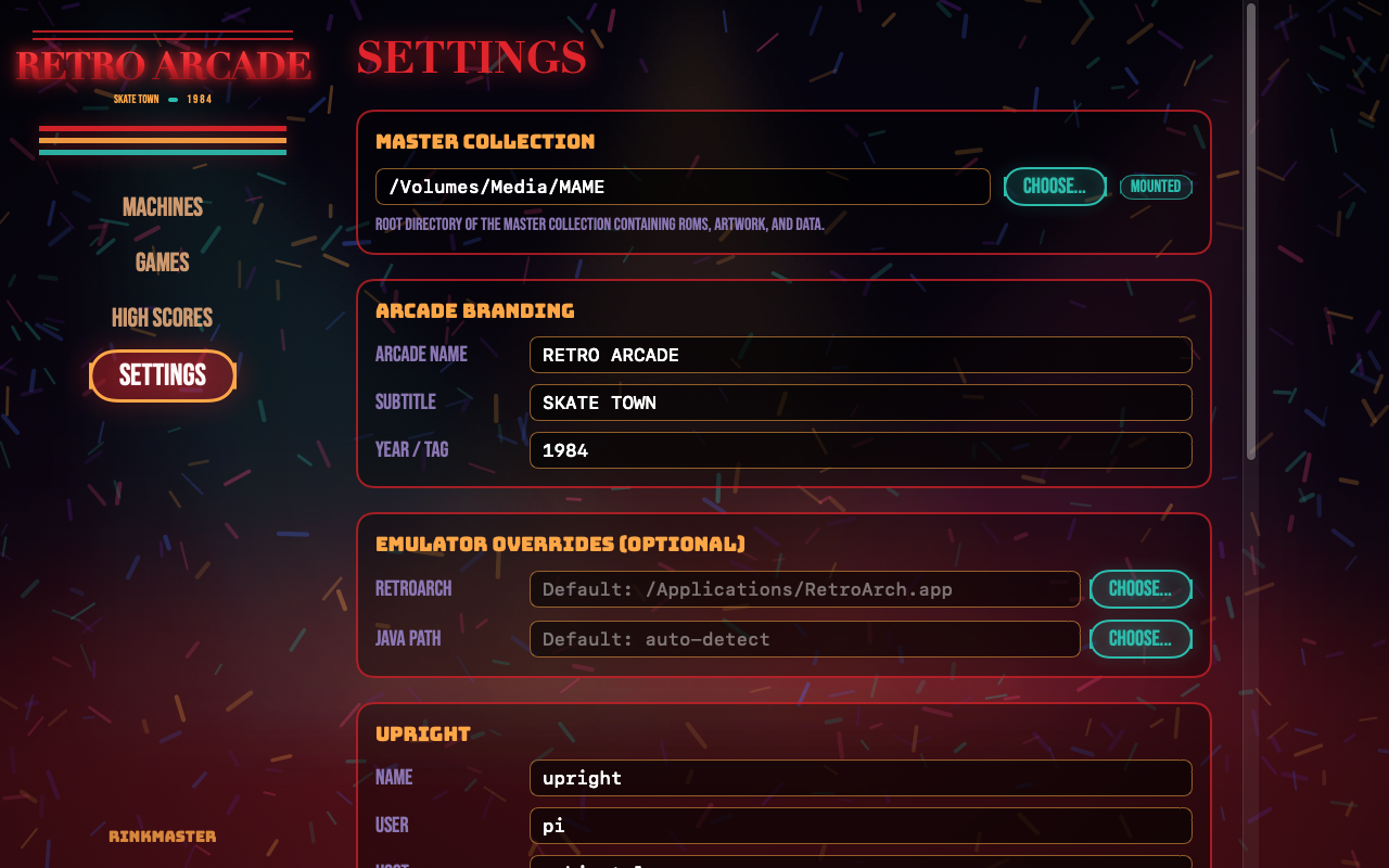 RinkMaster cabinet fleet settings and service configuration